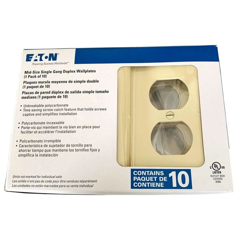 Eaton Mid-Size Single Gang Duplex Wallplates (1 Pkg of 10) Unbreakable New Boxed